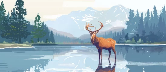 Foto op Canvas The unique retro illustration features deer exploring a lake in the middle of a forest against a backdrop of majestic mountains, creating a nostalgic atmosphere of forest adventure. © abdul kahfi