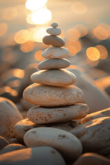 Zen stack of stones, pile of balanced rocks, nature healing, balance wellness and harmony still life