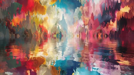 Pixelated bursts of color expanding into a serene 3D abstract panorama, offering a tranquil visual...