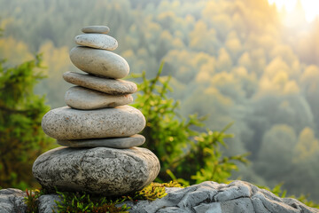 Fototapeta na wymiar Zen stack of stones in the mountain with copy space, cairn of balanced rocks, nature healing, balance wellness and harmony still life