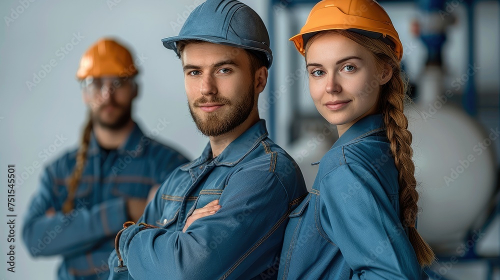 Poster man and woman plumber team standing near to each other back to back isolated on white background. ge