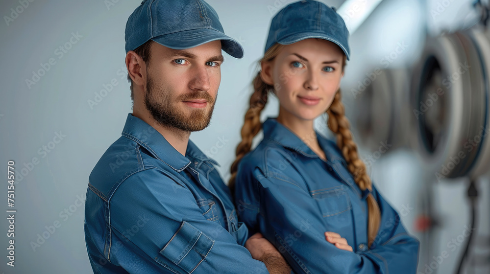Poster Man and woman Plumber team standing near to each other back to back isolated on white background. Generative AI.