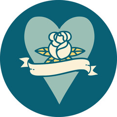 tattoo style icon of a heart rose and banner