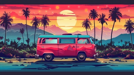 A red van is parked in front of a palm tree