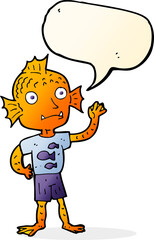 cartoon waving fish boy with speech bubble