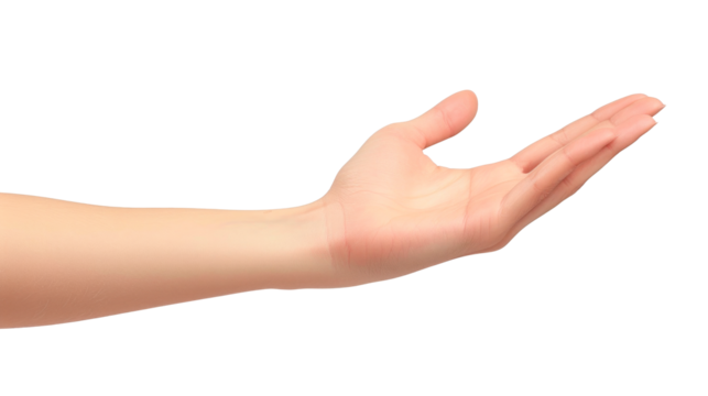 A hand is shown. Concept of openness and welcoming, as if the hand is offering something to someone Isolated on transparent background, PNG