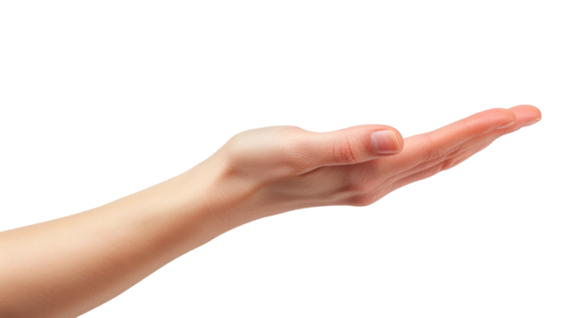 A hand is shown. Concept of openness and welcoming, as if the hand is offering something to someone Isolated on transparent background, PNG