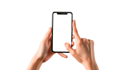 A hand holding a cell phone with a blank screen. Isolated on transparent background, PNG