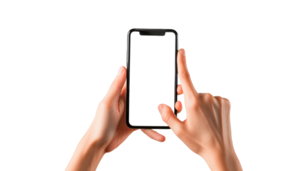 A hand holding a cell phone with a blank screen. Isolated on transparent background, PNG
