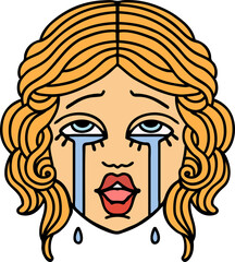 traditional tattoo of a very happy crying female face