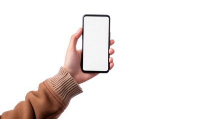 A hand holding a cell phone with a blank screen. Isolated on transparent background, PNG