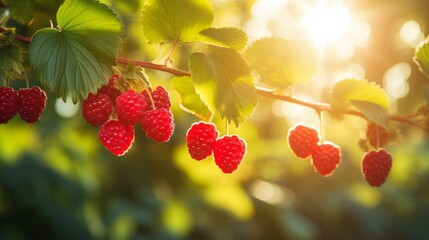 Juicy ripe red raspberries on branch in bright sunlight, perfect for garden produce design