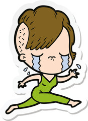 sticker of a cartoon crying girl running