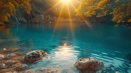 Foto op Plexiglas Majestic view on turquoise water and sunny beams in the Plitvice Lakes National Park. Croatia. Europe. Dramatic unusual scene. Beauty world. Retro filter and vintage style. Instagram toning effect. © Matthew