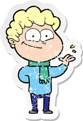 distressed sticker of a cartoon happy man