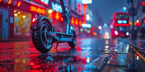 A close-up view of an electric scooters wheel and rear light reflects off the wet city street under midday light. - obrazy, fototapety, plakaty