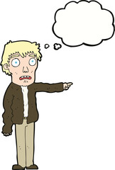 cartoon terrified man pointing with thought bubble