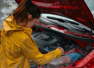 woman checking oil level in a car, change oil car