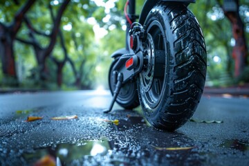 A close-up view of an electric scooters wheel and rear light reflects off the wet city street under midday light.