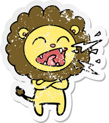 distressed sticker of a cartoon roaring lion