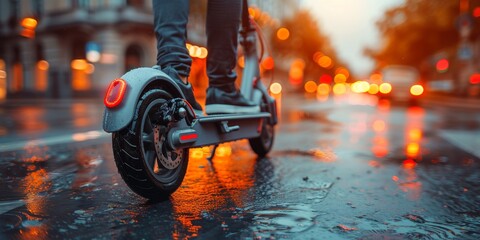 A close-up view of an electric scooters wheel and rear light reflects off the wet city street under...