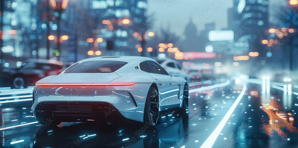 Poster intelligent car in urban traffic, transport core, in the style of light white and sky-blue, a little