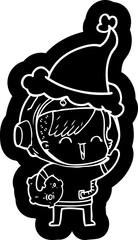 cartoon icon of a happy spacegirl holding moon rock wearing santa hat