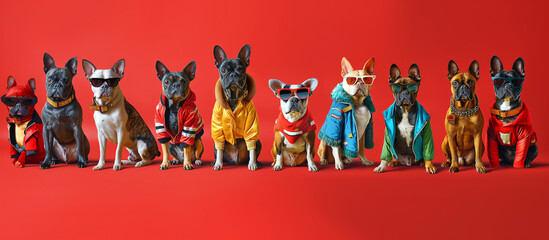 Fototapeta premium Group of dogs in red winter jackets and sunglasses on a red background.