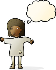 cartoon woman in patched clothing with thought bubble