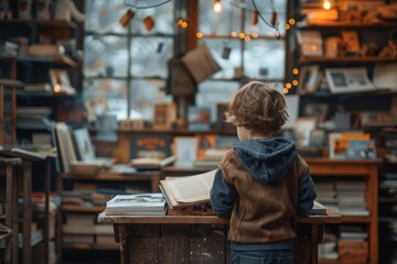 A young boy stands intently reading a book among shelves filled with various tomes in a warm, inviting bookstore atmosphere. - obrazy, fototapety, plakaty
