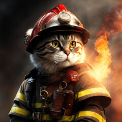 Portrait of a cat in a firefighter uniform on fire background.