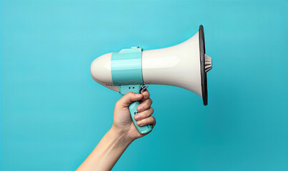 Hand holding a megaphone announces sales and discounts, on a pastel blue background. Marketing and commercial concept banner with copy space, made with Generative AI.