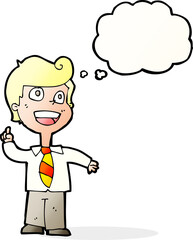 cartoon school boy raising hand with thought bubble