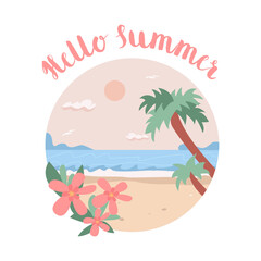 Fototapeta na wymiar Tropical Landscape with Beach Scene with Palm Tree and Flowers. Hello Sammer. Flat Vector Illustration.