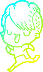 cold gradient line drawing cute cartoon girl with hipster haircut