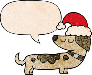 cartoon dog wearing christmas hat and speech bubble in retro texture style