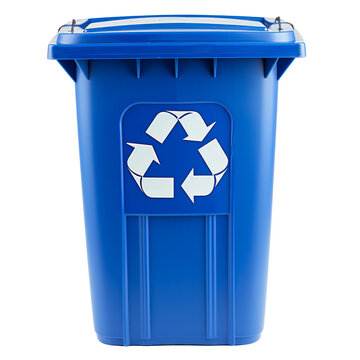 A blue trash can with a white recycling symbol on it Isolated on transparent background, PNG