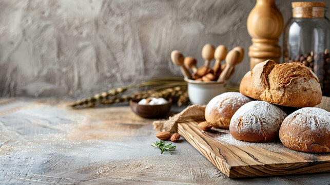 Modern bakery background concept with empty space. Side view minimalistic style.