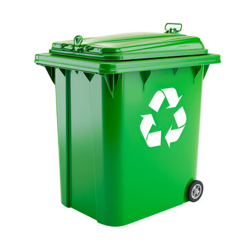 A green trash can with a white recycling symbol on it Isolated on transparent background, PNG