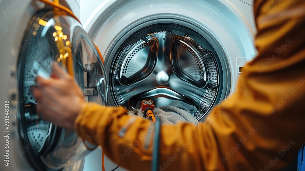 Poster Man fixing up washing machine with tools. Generative AI.
