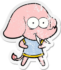 distressed sticker of a happy cartoon elephant