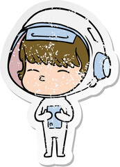 distressed sticker of a cartoon curious astronaut