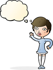 cartoon pretty woman waving with thought bubble