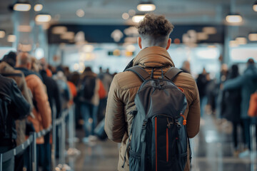 A male traveller at the airport with a backpack rear view