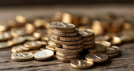  Stacked gold coins on wooden surface