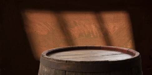 background of barrel and worn old table of wood. High quality photo