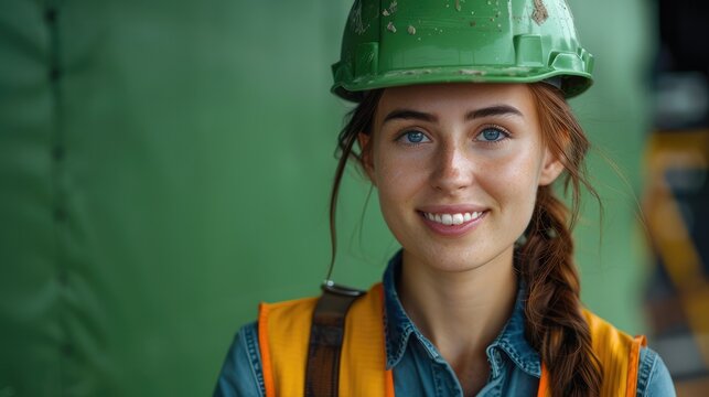 Smiling female engineer with green safety helmet and vest on plain green background. Generative AI. - Powered by Adobe
