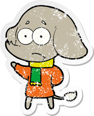 distressed sticker of a cartoon unsure elephant in scarf