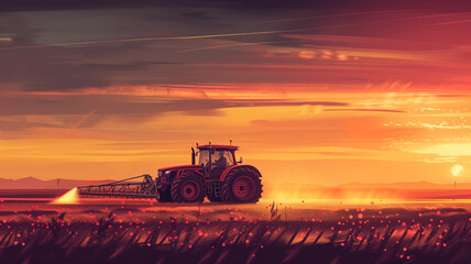 Fototapeta premium Tractor in the field at sunset. 3d rendering illustration.