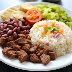Generative AI photo A white plate with rice and beans beef meat salad